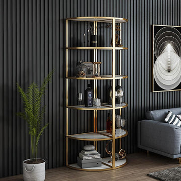 70.9" Fan-shaped Gold & White Corner Bookshelf Bookcase in 6 Shelves
